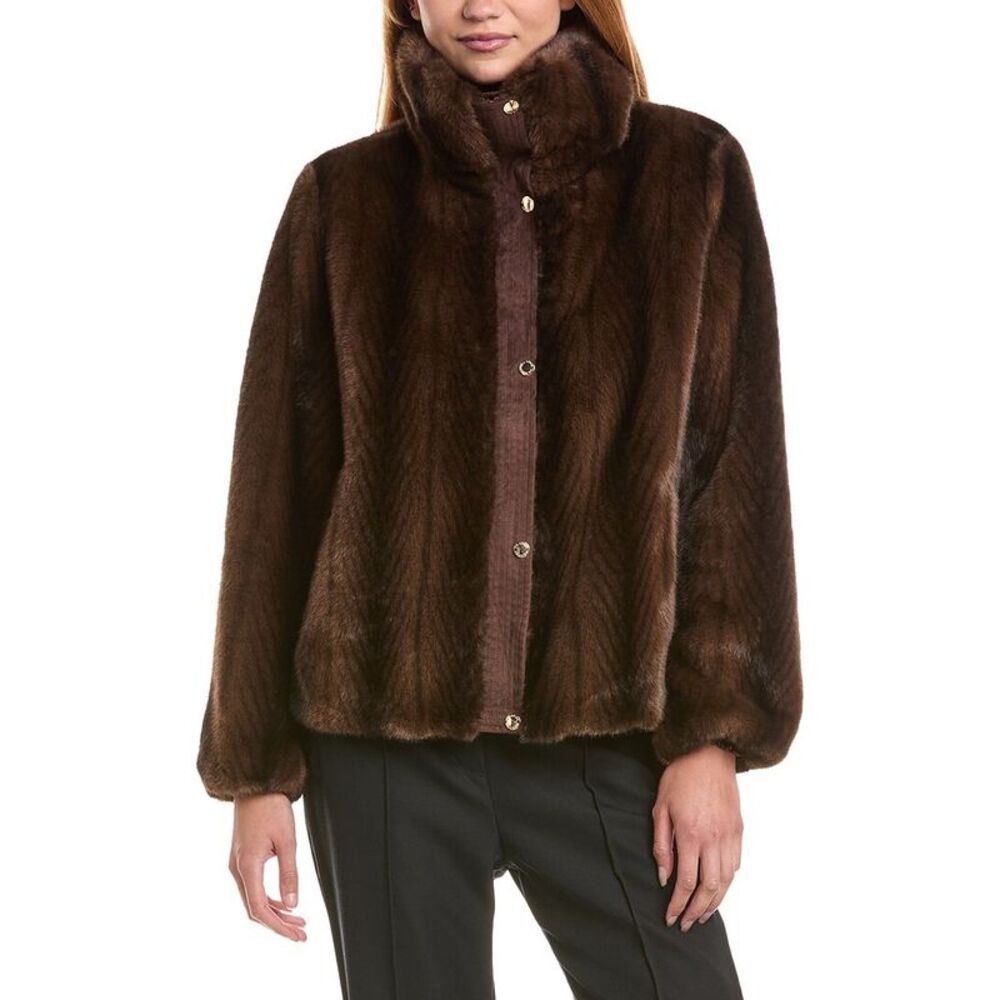 Via Spiga Womens Faux Fur Bomber Jacket, Brown